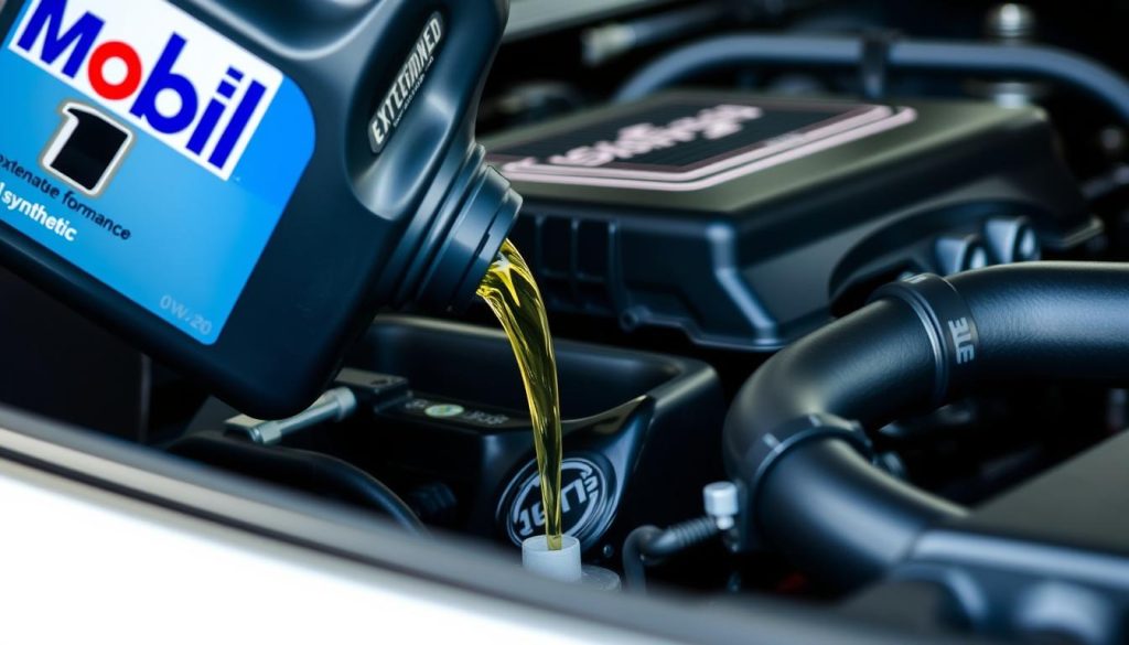 Mobil 1 Extended Performance Full Synthetic 0W-20 oil being poured into a Chevy Silverado 1500 engine Mobil 1 Extended Performance Full Synthetic 0W-20 oil being poured into a Chevy Silverado 1500 engine