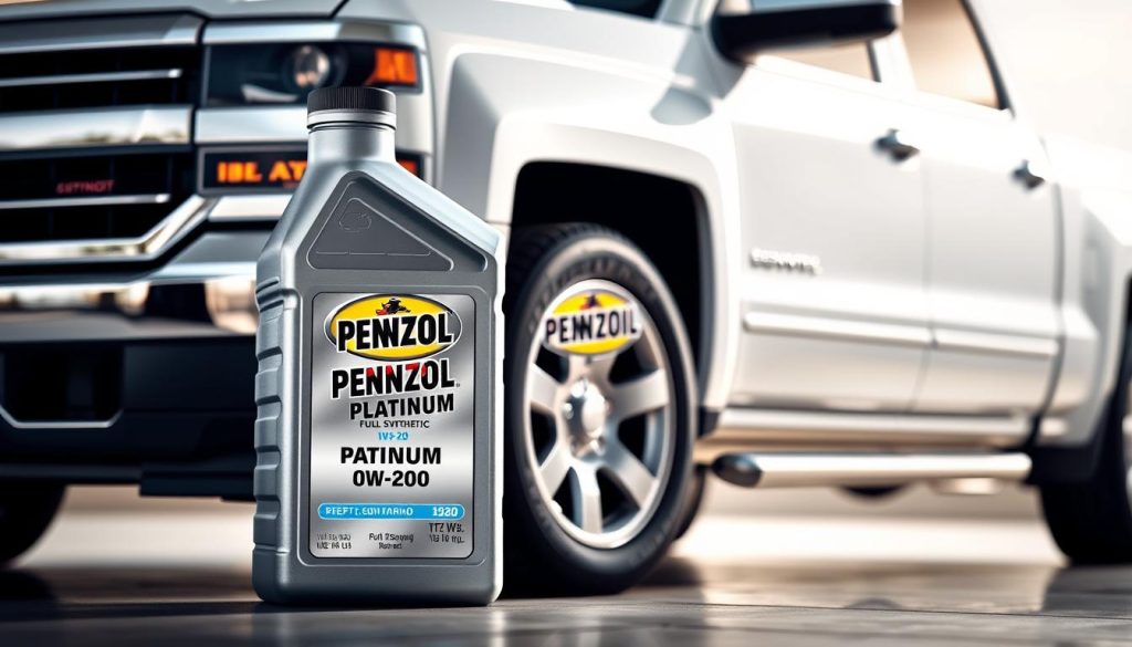 Pennzoil Platinum Full Synthetic 0W-20 oil bottle next to a Chevy Silverado 1500 Pennzoil Platinum Full Synthetic 0W-20 oil bottle next to a Chevy Silverado 1500