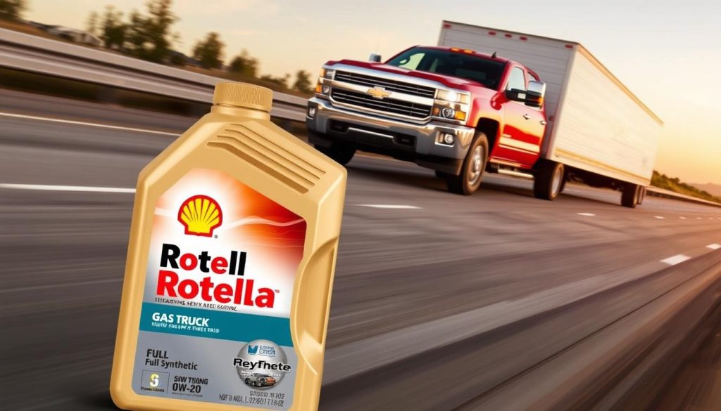 Shell Rotella Gas Truck Full Synthetic 0W-20 oil with a Chevy Silverado 1500 towing a heavy trailer Shell Rotella Gas Truck Full Synthetic 0W-20 oil with a Chevy Silverado 1500 towing a heavy trailer